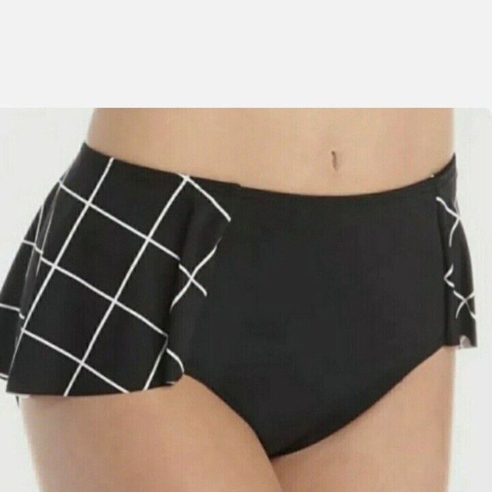 Spanx Swim Bottoms 10 Flirty Skirted Mid Rise Black Geo Print Shaping Suit NEW